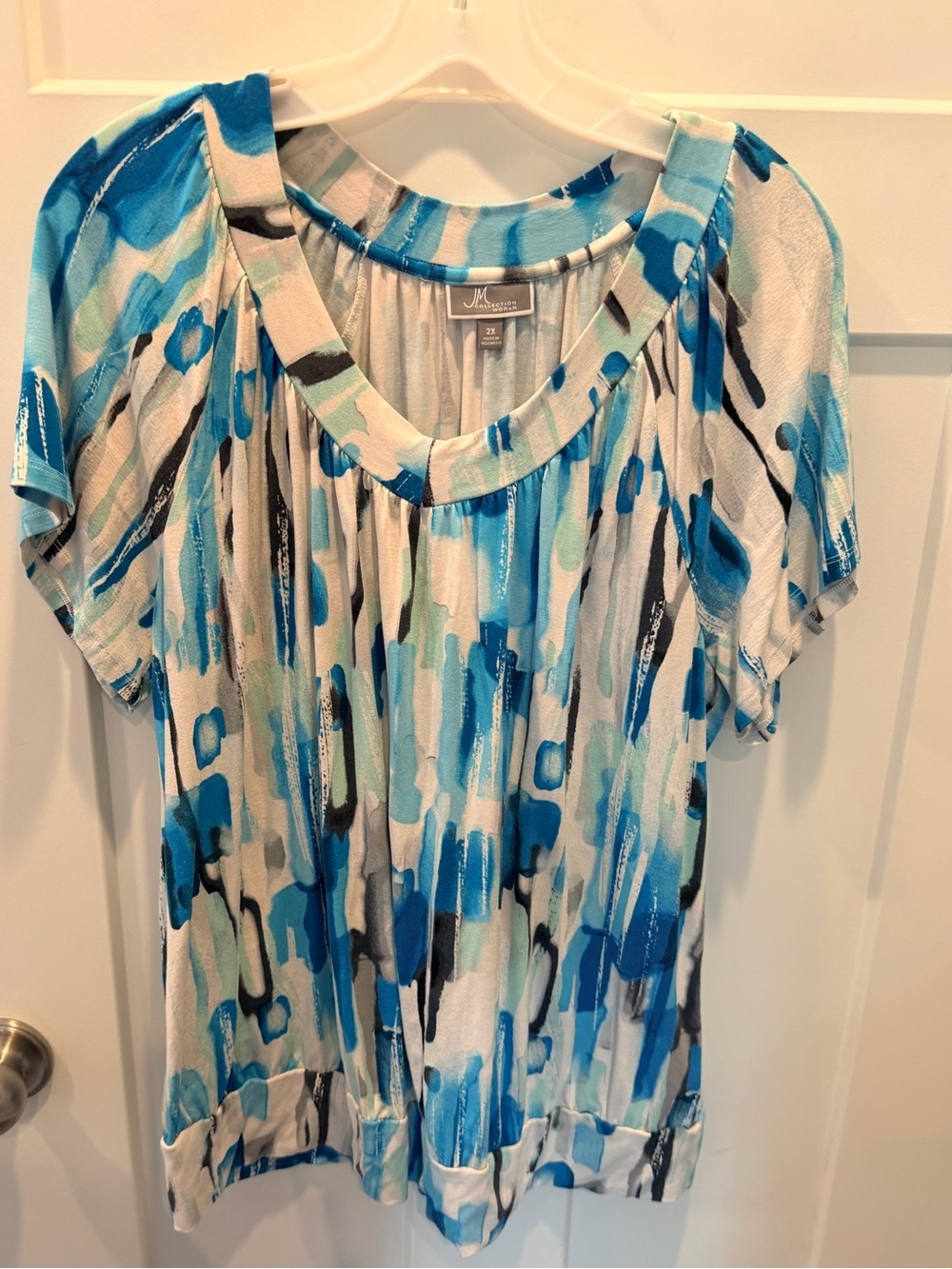 JM Collection Woman 2X Blue Abstract Rayon Stretch Tunic Top
